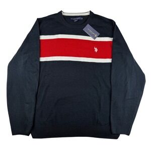 NWT US Polo Assn Mens Sweater XL Navy Red White Stripe Crew Neck Knit